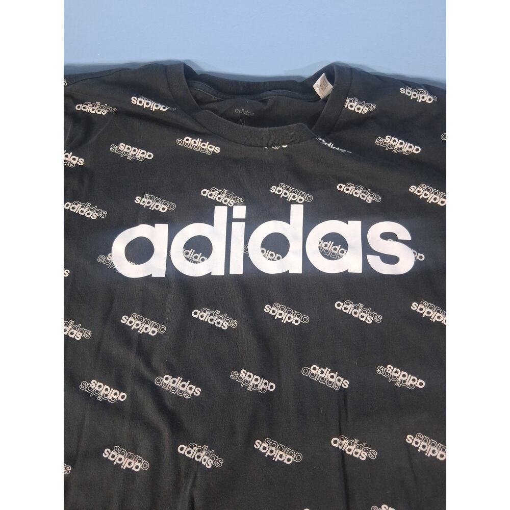 Adidas Logo Black Shirt Size XL White Logo All Over Print Short Sleeve - Picture 3 of 8